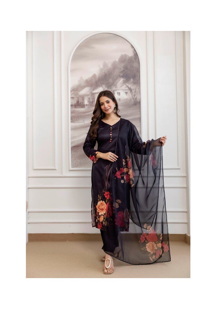Malishka Export Black Printed Kurta Pant Set With Dupatta for Women - Image 1